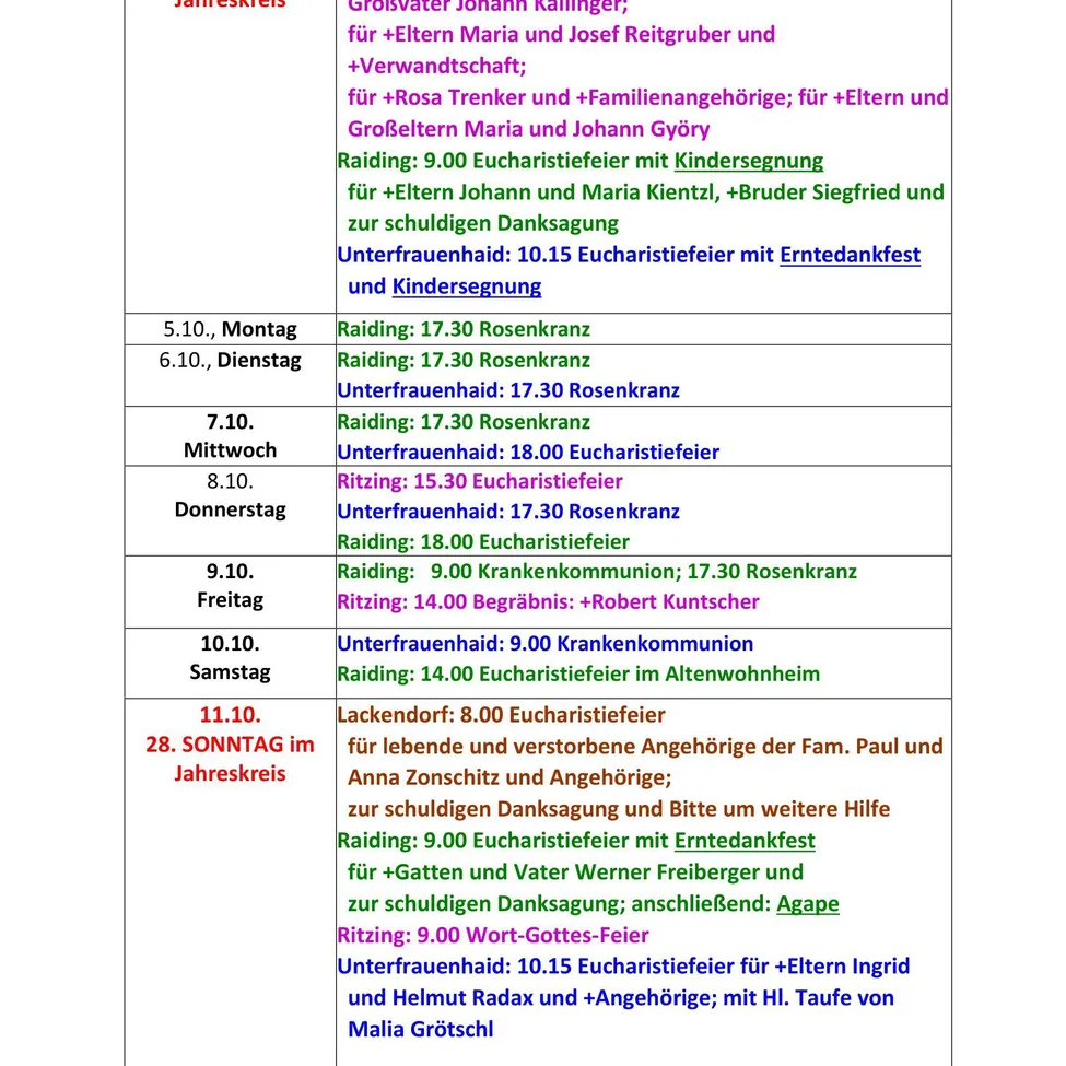 Ein Zeitplan für Gottesdienste und Veranstaltungen für die Monate Oktober und November 2026.