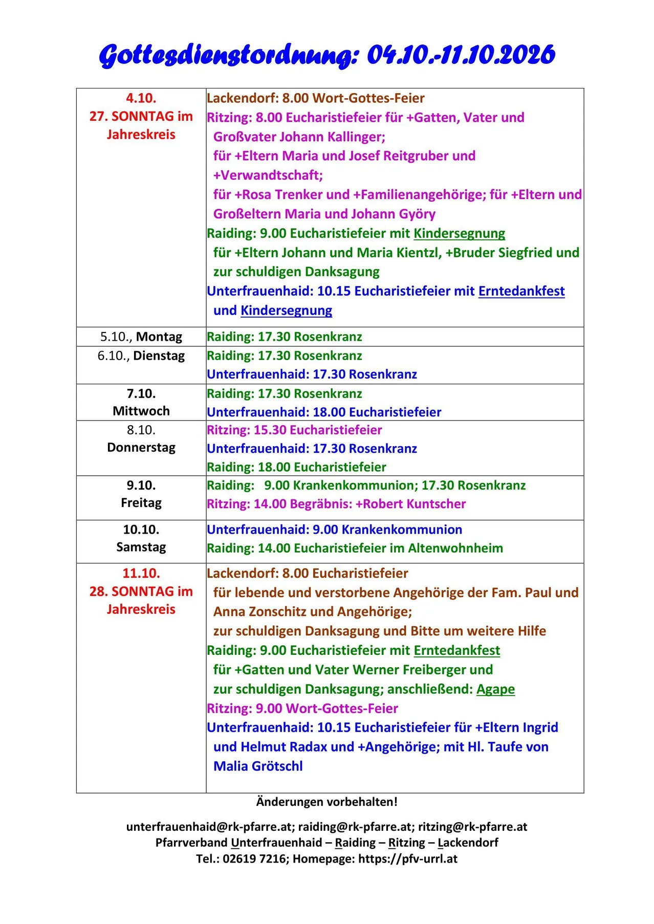 Ein Zeitplan für Gottesdienste und Veranstaltungen für die Monate Oktober und November 2026.