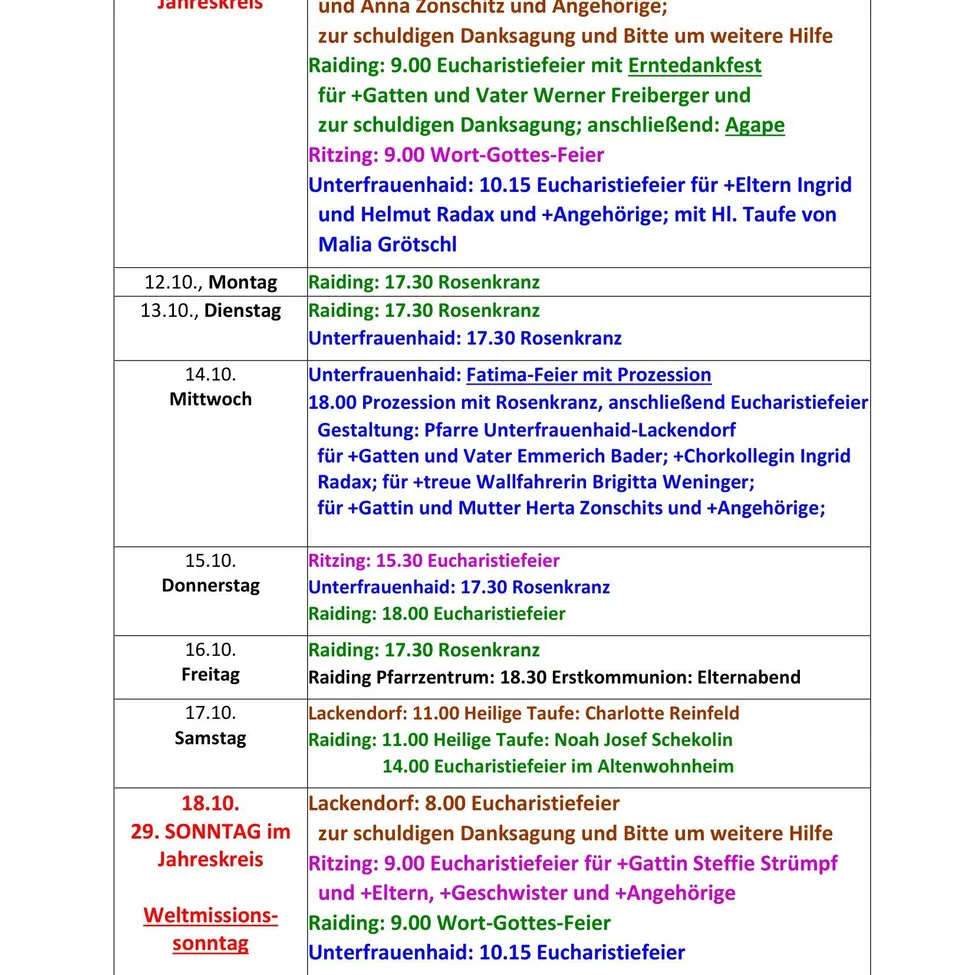 Ein Zeitplan für religiöse Dienste und Veranstaltungen in einer Kirche, einschließlich Details zu Eucharistie, Prozessionen und Taufen.