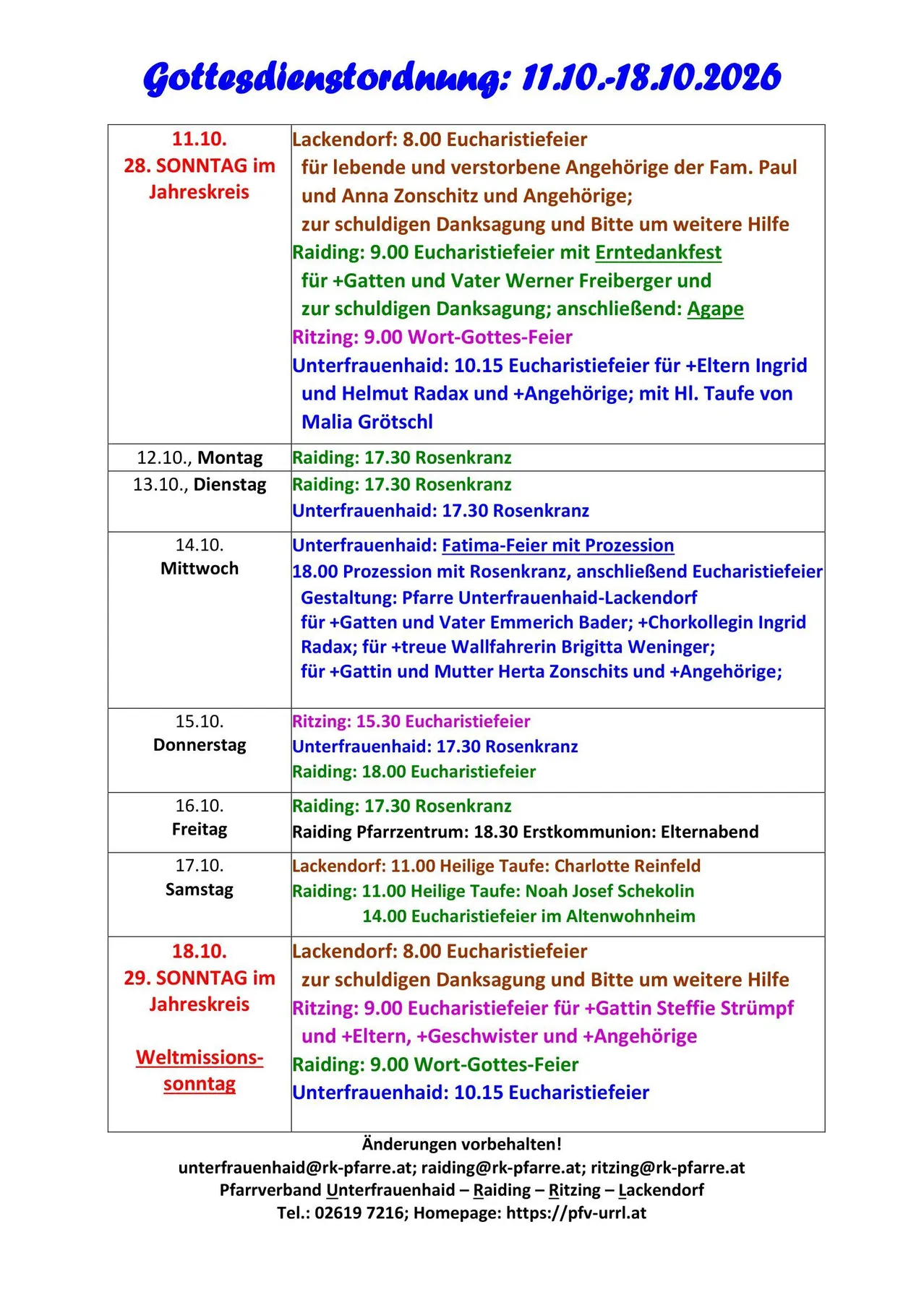 Ein Zeitplan für religiöse Dienste und Veranstaltungen in einer Kirche, einschließlich Details zu Eucharistie, Prozessionen und Taufen.