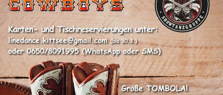 Veranstaltungsposter für die Western Cowboys Show im April 2026. Enthält Cowboystiefel, einen Cowboyhut und ein Logo. Beinhaltet Karten- und Tischreservierungen, Kontaktinformationen und Showdetails.