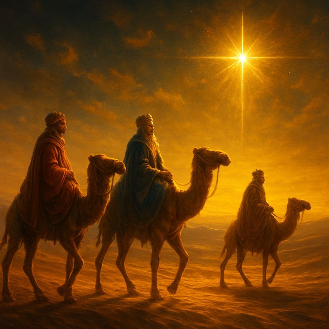 Drei Weise reiten auf Kamelen durch die Wüste unter einem hellen Stern, wahrscheinlich auf dem Weg nach Bethlehem, um den neugeborenen König zu sehen.