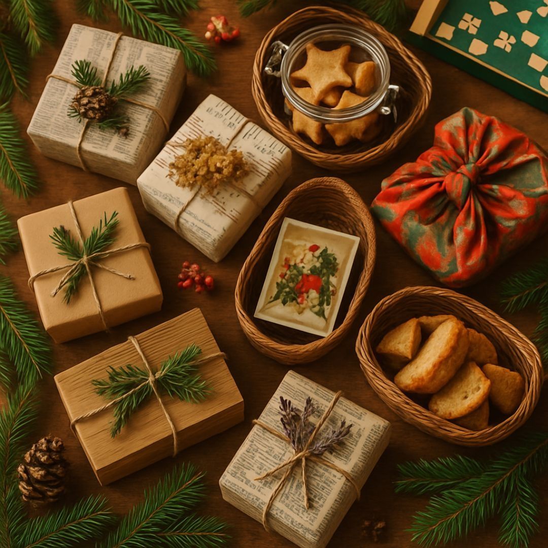 Ein Holztisch mit einer Reihe von verpackten Geschenken, Tannenzapfen und Kräutern. Es gibt auch einige Kekse und Plätzchen in einem Glas und Körben.