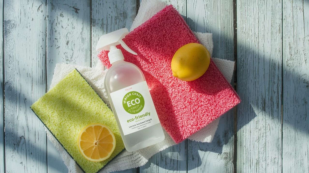 Eine Flasche umweltfreundliches Reinigungsmittel auf einer Holzoberfläche mit einem roten Handtuch, einem grünen Schwamm und einer Zitrone.