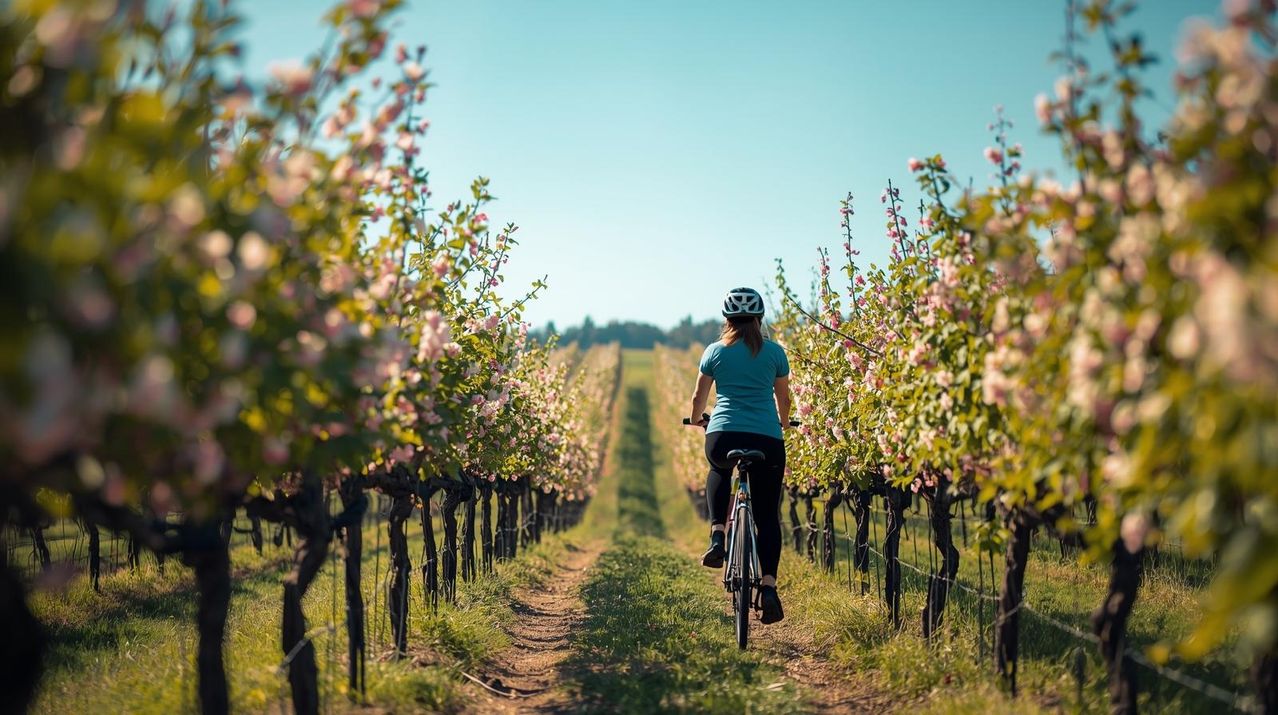 Eine Frau fährt mit einem Fahrrad auf einem unbefestigten Weg durch einen blühenden Obstgarten und trägt einen Helm und Fahrradausrüstung.