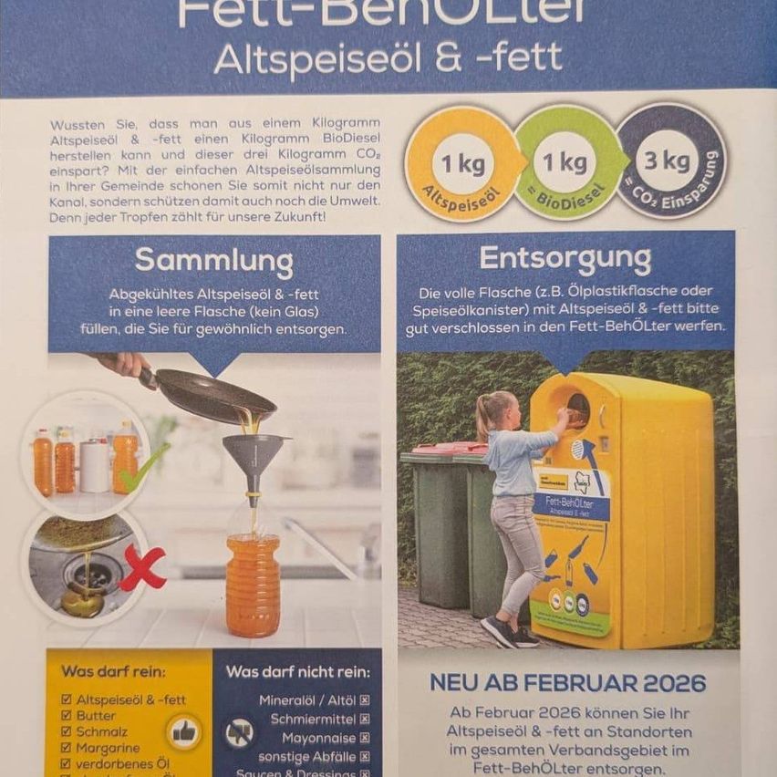 The image shows a poster explaining the use of waste oil to produce biodiesel. It features illustrations of collecting and disposing of waste oil, along with a list of acceptable and non-acceptable materials. A new service starting in February 2026 is introduced, allowing disposal of waste oil at designated locations.