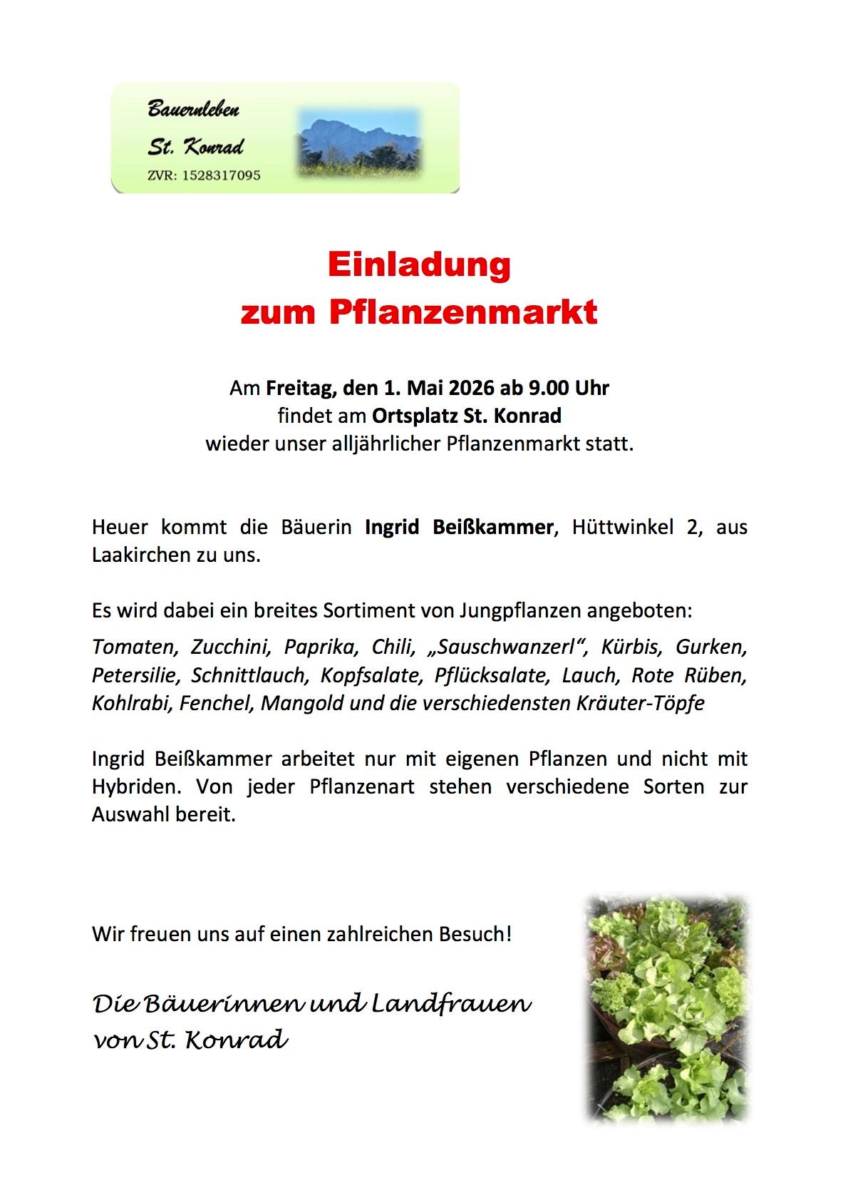Einladung zum Pflanzenmarkt. Jährlich am 1. Mai 2026 ab 9:00 Uhr am Ortplatz St. Konrad findet unser alljährlicher Pflanzenmarkt statt. Ingrid Beiskammer aus Laakirchen wird dabei sein. Ein breites Sortiment an Jungpflanzen wird angeboten. Ingrid Beiskammer arbeitet nur mit eigenen Pflanzen. Besuchen Sie uns!