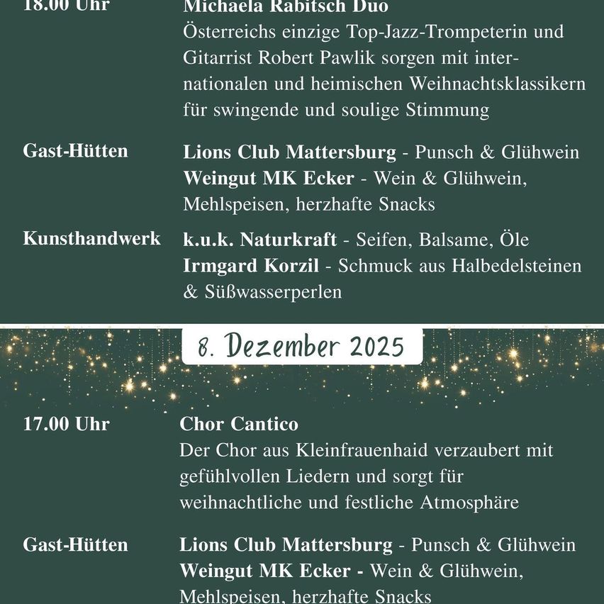 Ein Plakat bewirbt eine Veranstaltung am 8. Dezember 2025 mit Auftritten von Michaela Rabitsch Duo, Chor Cantico und Lions Club Mattersburg. Es bietet Weinverkostungen und Snacks an.