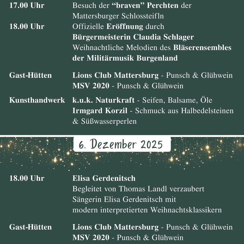 Veranstaltungsplan mit Zeiten, Aktivitäten und Künstlern. Am 6. Dezember 2025 um 18:00 Uhr gibt es Weihnachtslieder des Militärmusikensembles.