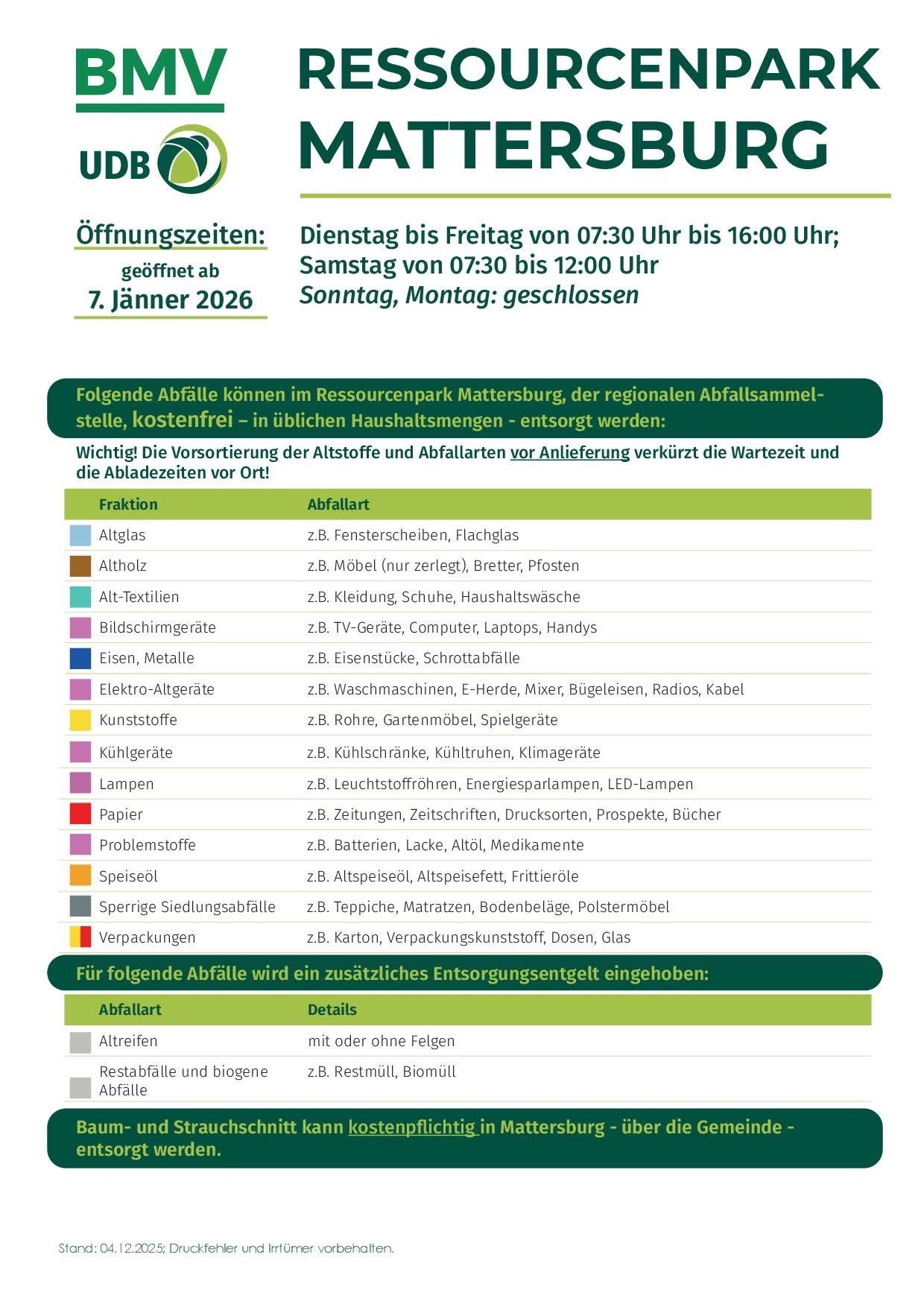 Ein Flyer informiert über die Öffnungszeiten einer Recyclinganlage in Mattersburg, geöffnet von Dienstag bis Freitag und geschlossen am Sonntag und Montag. Die Vorsortierung der Altstoffe und Abfallarten verkürzt die Wartezeit und reduziert Gerüche. Abfallarten sind aufgelistet.