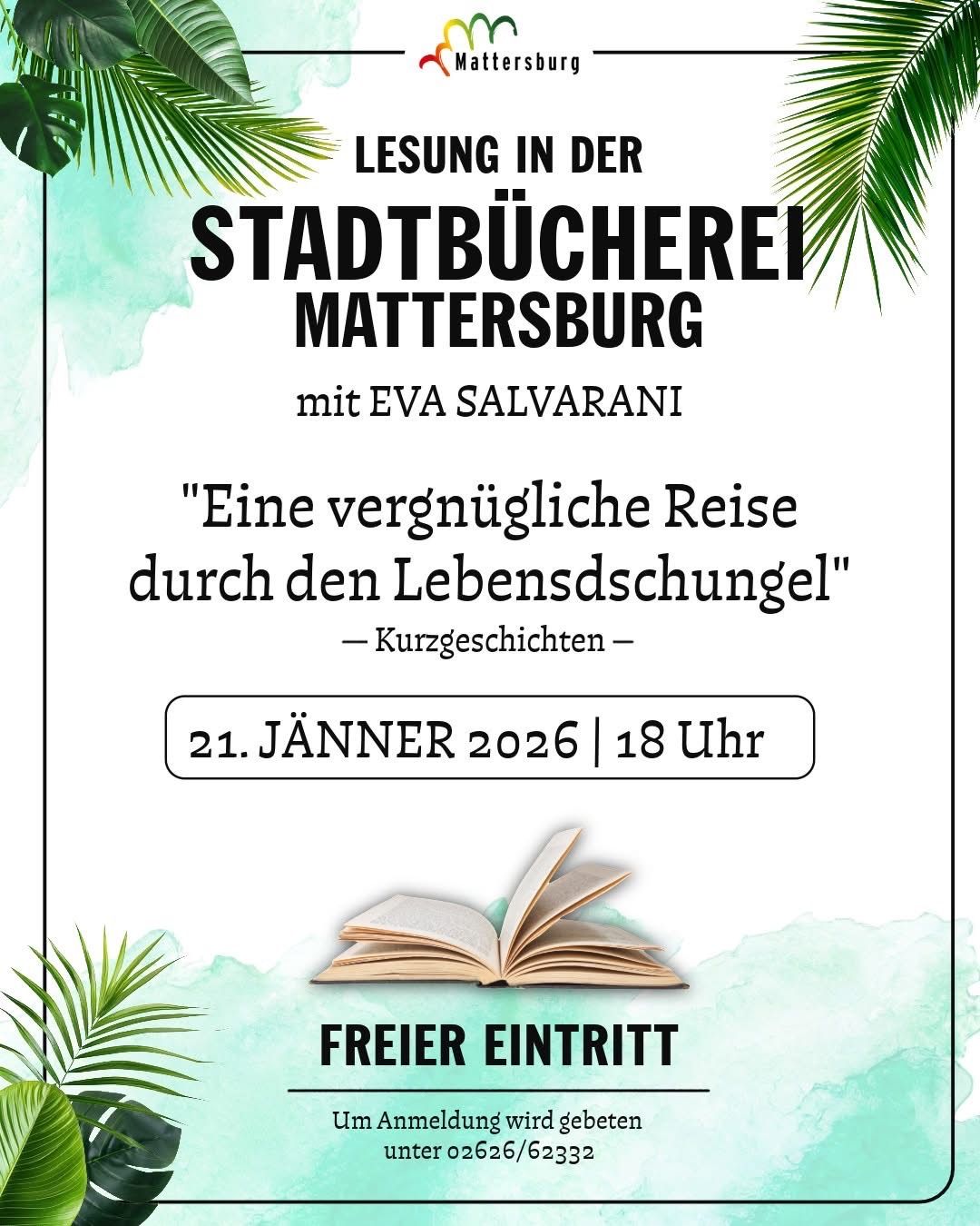 Werbeplakat für eine Lesung von Eva Salvarani in der Stadtbücherei Mattersburg. Datum: 21. Jänner 2026, 18 Uhr. Freier Eintritt.