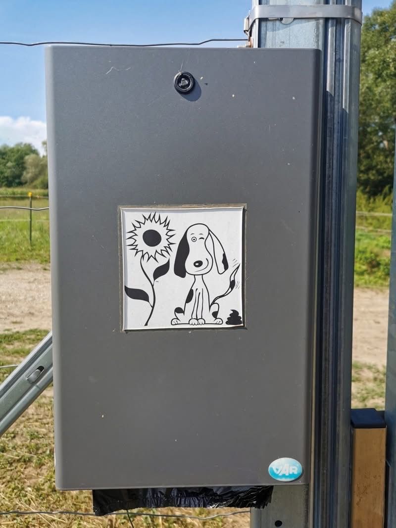 A gray door has a sticker with a black and white cartoon dog and a sunflower. The background shows a grassy area and some trees.