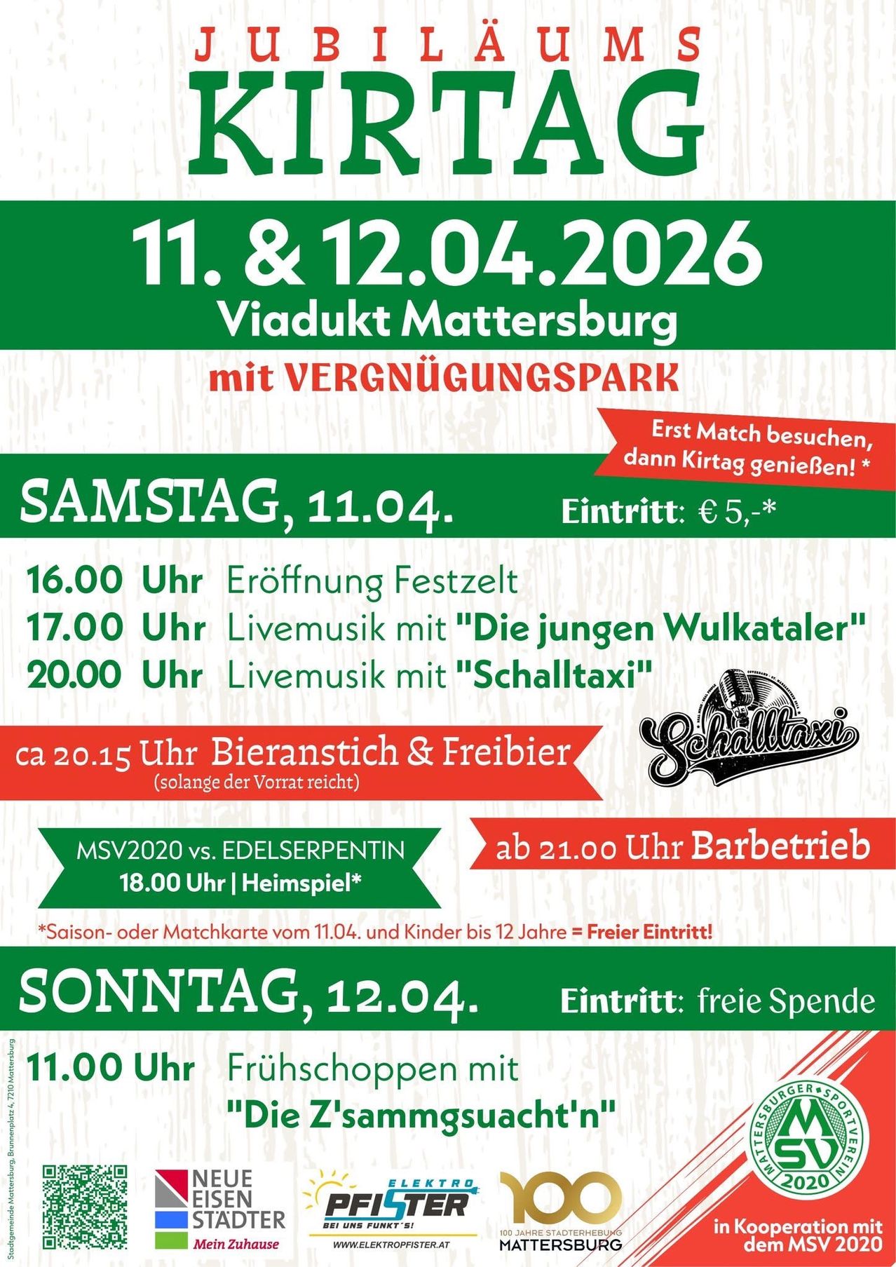 Poster for an event at Mattersburg Viaduct on 11 and 12 April 2026. Includes details about opening times, live music, and food. Free entry for children under 12.