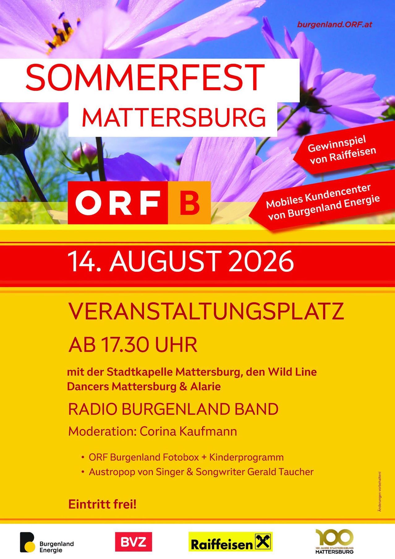 Ein Werbeplakat für eine Sommerveranstaltung in Mattersburg am 14. August 2026 mit der Stadtkapelle Mattersburg, den Wild Line Dancers Mattersburg und Alarie. Die Veranstaltung beinhaltet eine Radio Burgenland Band und wird von Corina Kaufmann moderiert.
