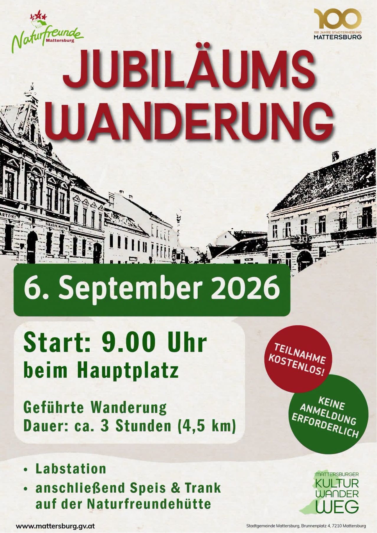 Plakat für eine geführte Wanderung in einer Stadt. Der Termin ist der 6. September 2026, Beginn um 9:00 Uhr am Hauptplatz. Die Tour dauert etwa 3 Stunden und umfasst 4,5 km. Die Teilnahme ist kostenlos und eine Anmeldung ist nicht erforderlich.