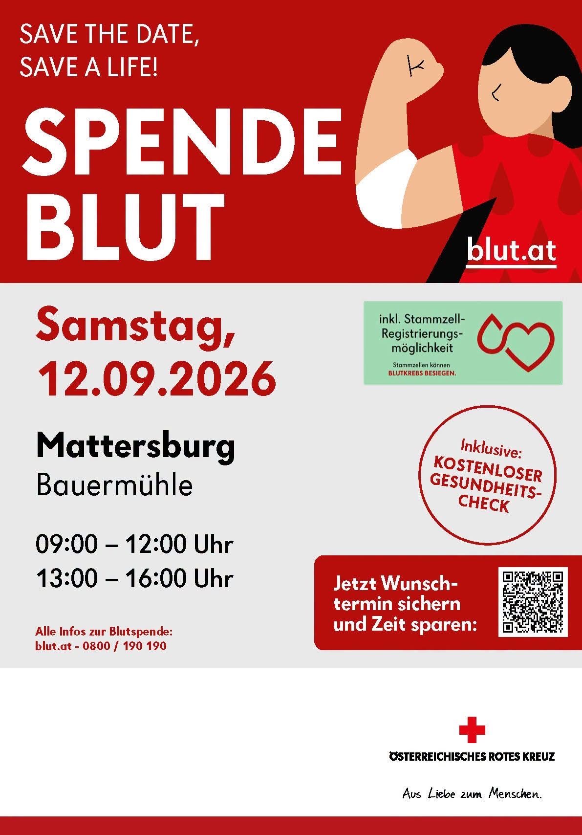 Poster for a blood donation event in Mattersburg on Saturday, September 12, 2026. It includes registration details, time slots, and a QR code for appointment booking. The event offers a free health check.