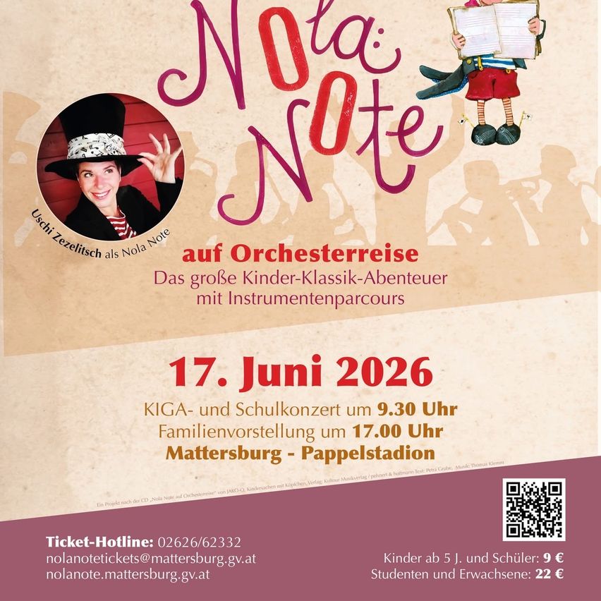 Plakat für 'Nola Note' Klassik-Konzert. Zeigt eine Frau mit Hut und ein Kind mit Musikinstrumenten. Datum: 17. Juni 2026. Tickets erhältlich.