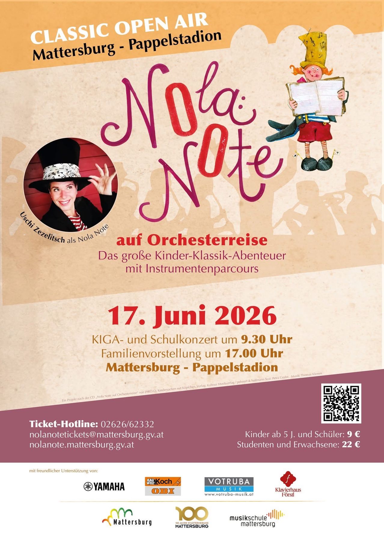 Ein Plakat für ein klassisches Kinderkonzert am 17. Juni 2026. Es zeigt ein Bild einer Frau mit Hut und einem Mann, der ein Musikinstrument spielt. Das Event beinhaltet ein KIGA-Konzert, ein Schulkonzert und eine Familienvorstellung. Ticketpreise sind aufgeführt.
