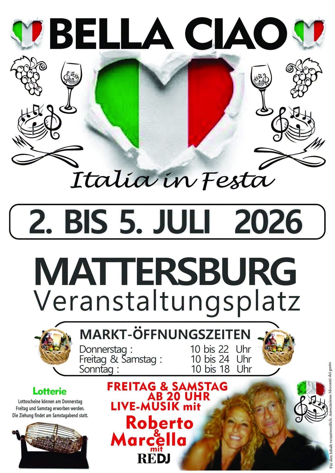 Werbeposter für Italy in Festa in Mattersburg vom 2. bis 5. Juli 2026. Die Öffnungszeiten des Marktes sind für Donnerstag bis Sonntag angegeben.