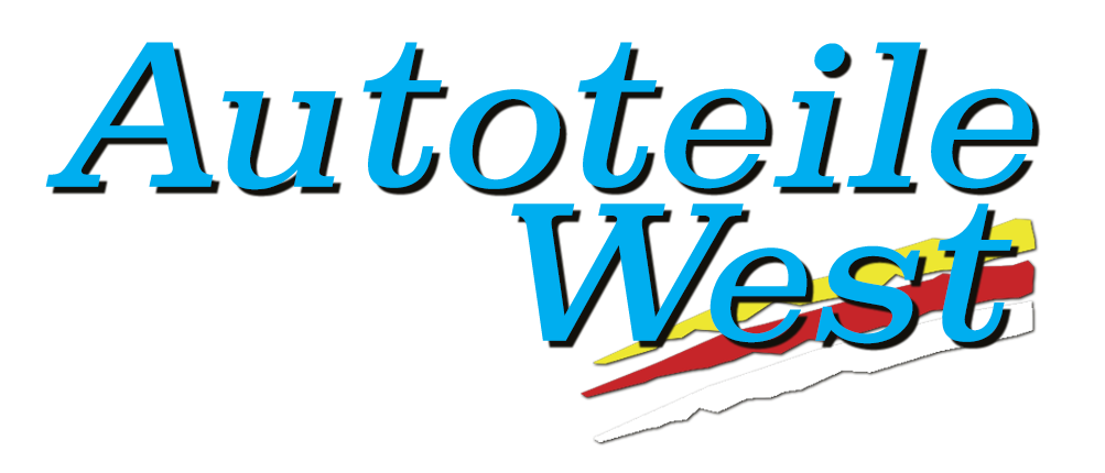 Das Bild zeigt das Logo von Autoteile West, mit fetter blauer Schrift auf schwarzem Hintergrund.