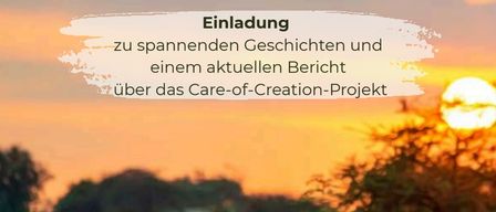 An invitation to an event on self-help in Tanzania, with a sunset in the background, the text is in German, the date is February 15, 2026, at 16:00 with coffee and cake.