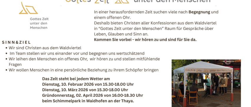 Ein Plakat lädt Menschen ein, an einem offenen Ohr-Event unter dem Motto 'Gottes Zeit unter den Menschen' teilzunehmen. Es erwähnt eine Veranstaltung für Leben, Glauben und Sinn und lädt dazu ein, zu kommen und gehört zu werden.