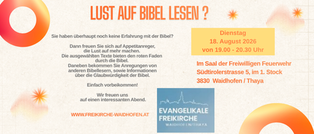 Have you no experience with the Bible? Then you should come. Selected texts offer a red thread through the Bible. You will also receive suggestions from other readers and information about the credibility of the Bible. Simply drop by!