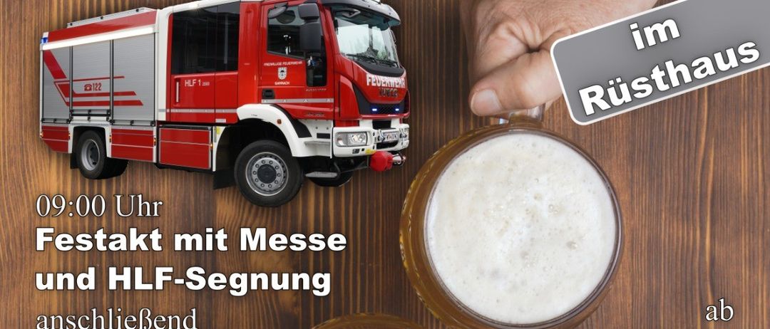 Ein Plakat für eine Feuerwehr-Segnungsfeier am 8. Juni 2025, mit einem Feuerwehrauto, Getränken und einer Hand, die ein Glas hält.