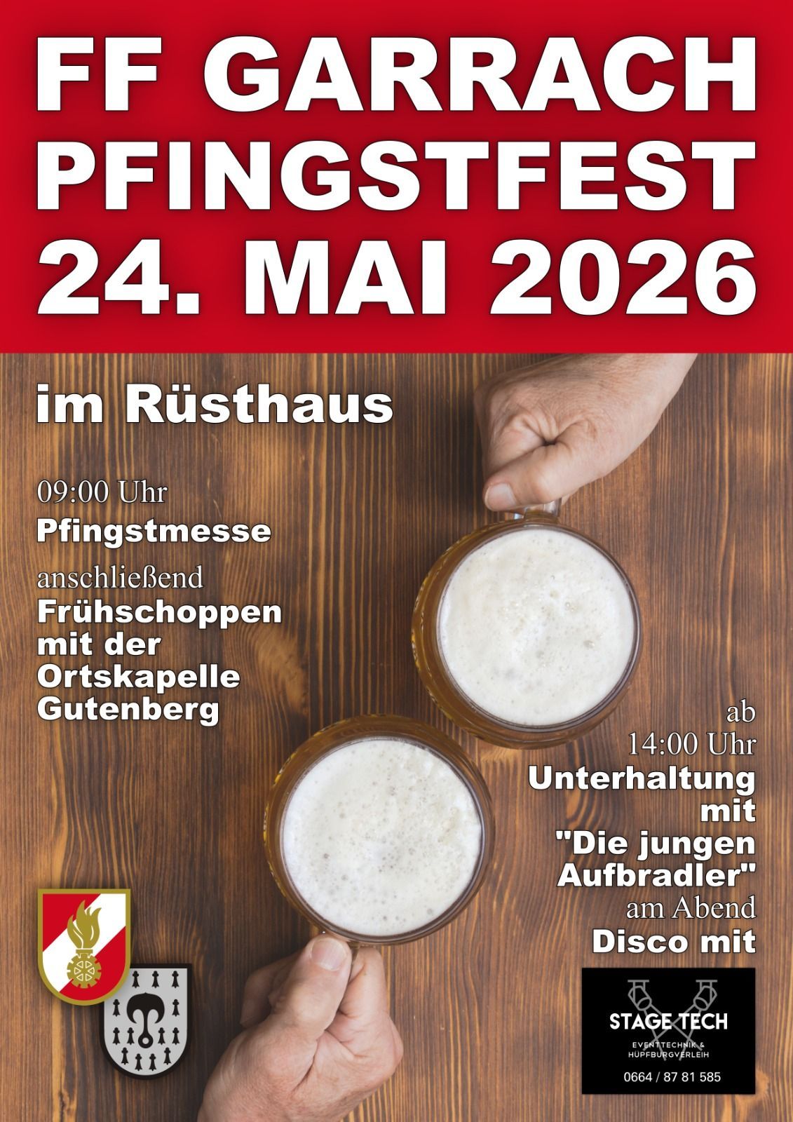A poster for the Pentecost Festival 2026 on May 24th at Rusthaus. It features two hands holding mugs of beer, with event details like timings and entertainment.