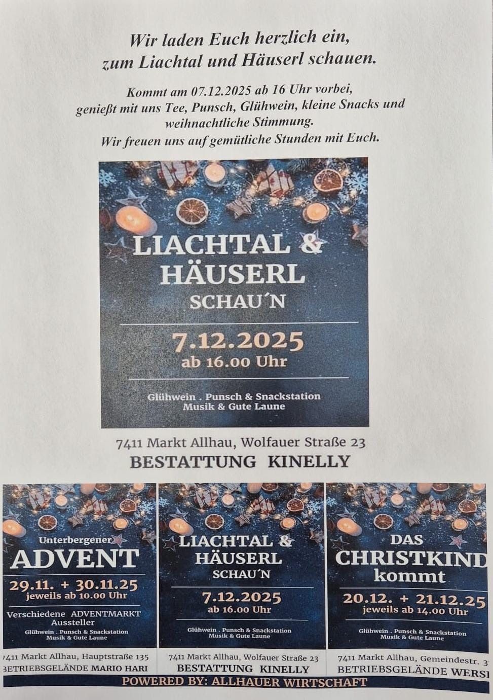 Plakat für eine Weihnachtsveranstaltung mit Kerzen, Ornamenten und Schneeflocken. Datum: 7.12.2025, Zeit: 16:00. Ort: Markt Allhau, Wolfauer Strasse 23. Aktivitäten: Glühwein, Punsch, Snacks, Musik und gute Stimmung.