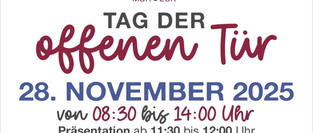 Plakat für den BAREF Mureck Tag der offenen Tür am 28. November 2025 von 8:30 bis 14:00 Uhr. Präsentationen von 11:30 bis 12:00 Uhr. Kontaktdetails angegeben.