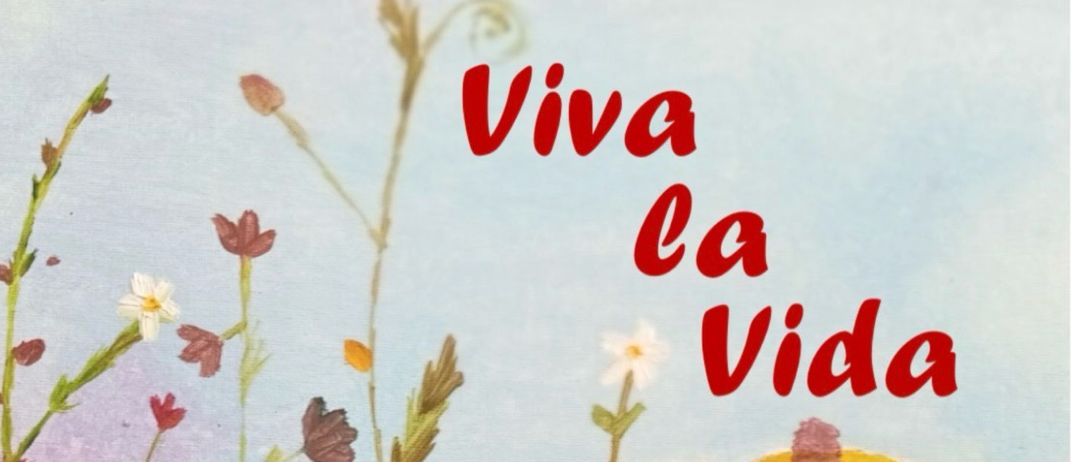 Ein Poster mit einem lebhaften, bunten Blumen- und Pflanzenfeld. Der Text steht in fetten roten Buchstaben 'Viva la Vida'. Darunter befindet sich ein weißer Rechteck mit den Worten 'Benefizkonzert der BAFEP Mureck'. Das Datum und die Uhrzeit sind ebenfalls angegeben.