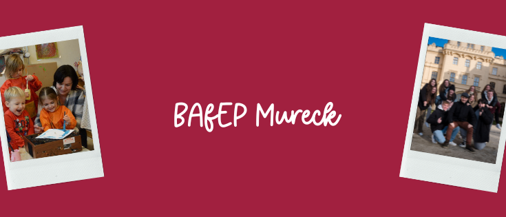 Eine Collage aus zwei Bildern, eines zeigt Kinder und eine erwachsene Frau mit Bastelarbeiten, das andere eine Gruppe von Menschen vor einem historischen Gebäude. Der Text 'BAREP Mureck' ist in weißer Schrift auf rotem Hintergrund prominent angebracht.