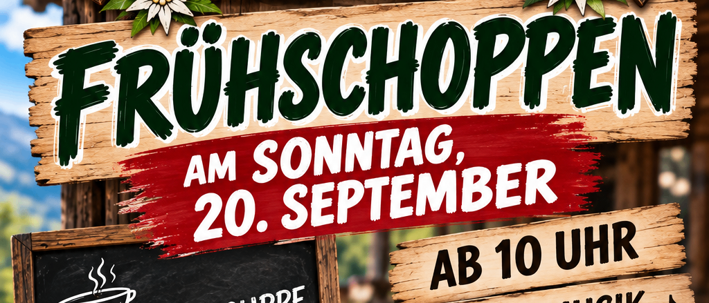 Werbung für ein traditionelles deutsches Frühstücksevent am 20. September mit herzhafter Suppe, Brot und Live-Musik. Beginn um 10 Uhr.