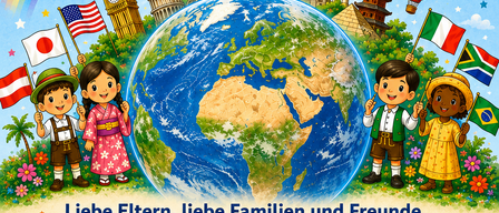 Plakat mit einer Erde und Kindern, die Flaggen aus verschiedenen Ländern halten. Die Veranstaltung beinhaltet eine Weltreise, internationalen Tanz und findet am 20. Juni 2026 um 10:30 Uhr statt.