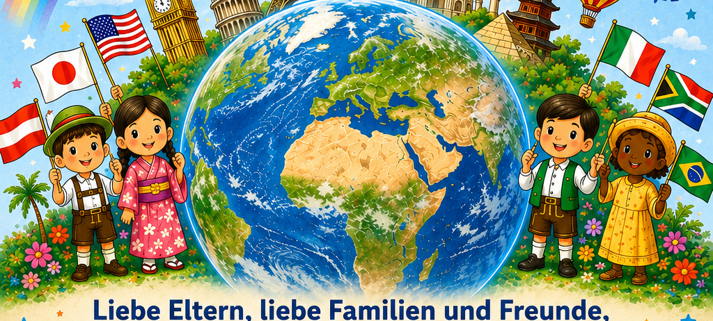Plakat mit einer Erde und Kindern, die Flaggen aus verschiedenen Ländern halten. Die Veranstaltung beinhaltet eine Weltreise, internationalen Tanz und findet am 20. Juni 2026 um 10:30 Uhr statt.