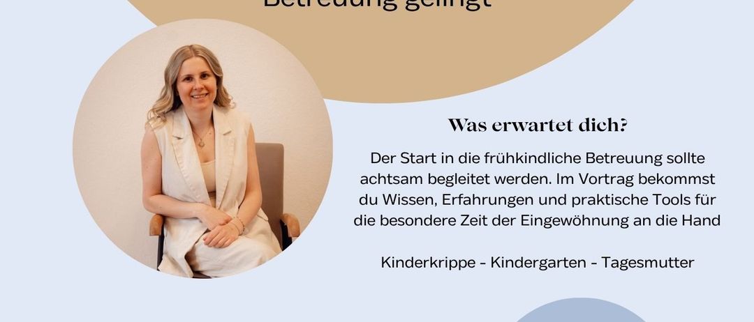 Plakat mit einer Frau in einem weißen Kleid. Der Titel lautet 'Sanft ankommen & in Liebe begleiten'. Veranstaltungsdetails umfassen Datum, Uhrzeit und Kosten. Veranstalter ist Familienstudio.