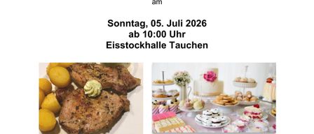 Einladung zum Frühshoppen am Sonntag, 05. Juli 2026 ab 10:00 Uhr im Eisstockhalle. Für Speisen und Getränke ist bestes gesorgt. Symbolfotos von Speisen und Desserts sind angezeigt. Tombola (Preisverlosung 14:00 Uhr).