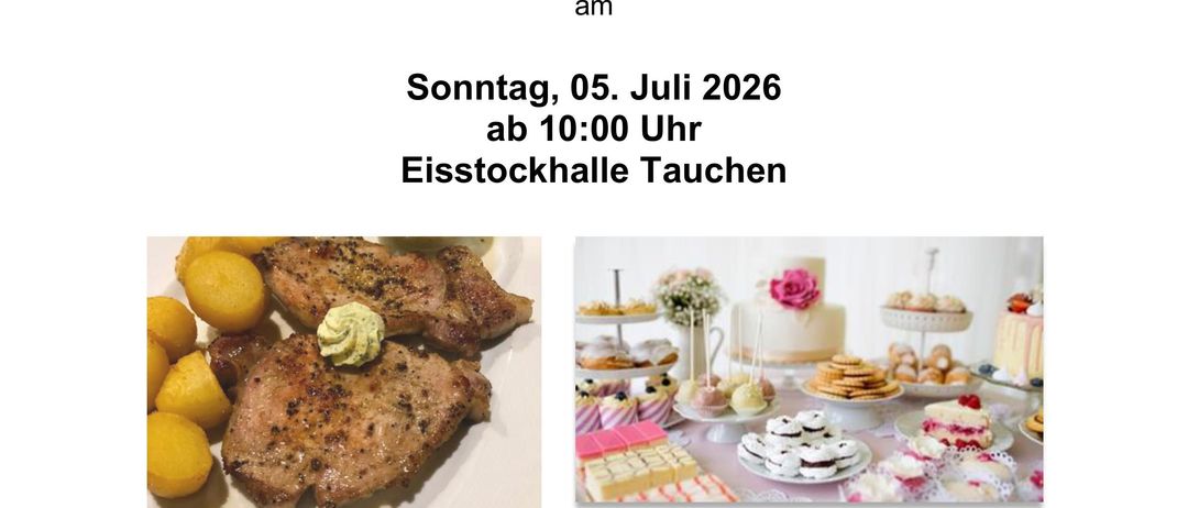 Einladung zum Frühshoppen am Sonntag, 05. Juli 2026 ab 10:00 Uhr im Eisstockhalle. Für Speisen und Getränke ist bestes gesorgt. Symbolfotos von Speisen und Desserts sind angezeigt. Tombola (Preisverlosung 14:00 Uhr).