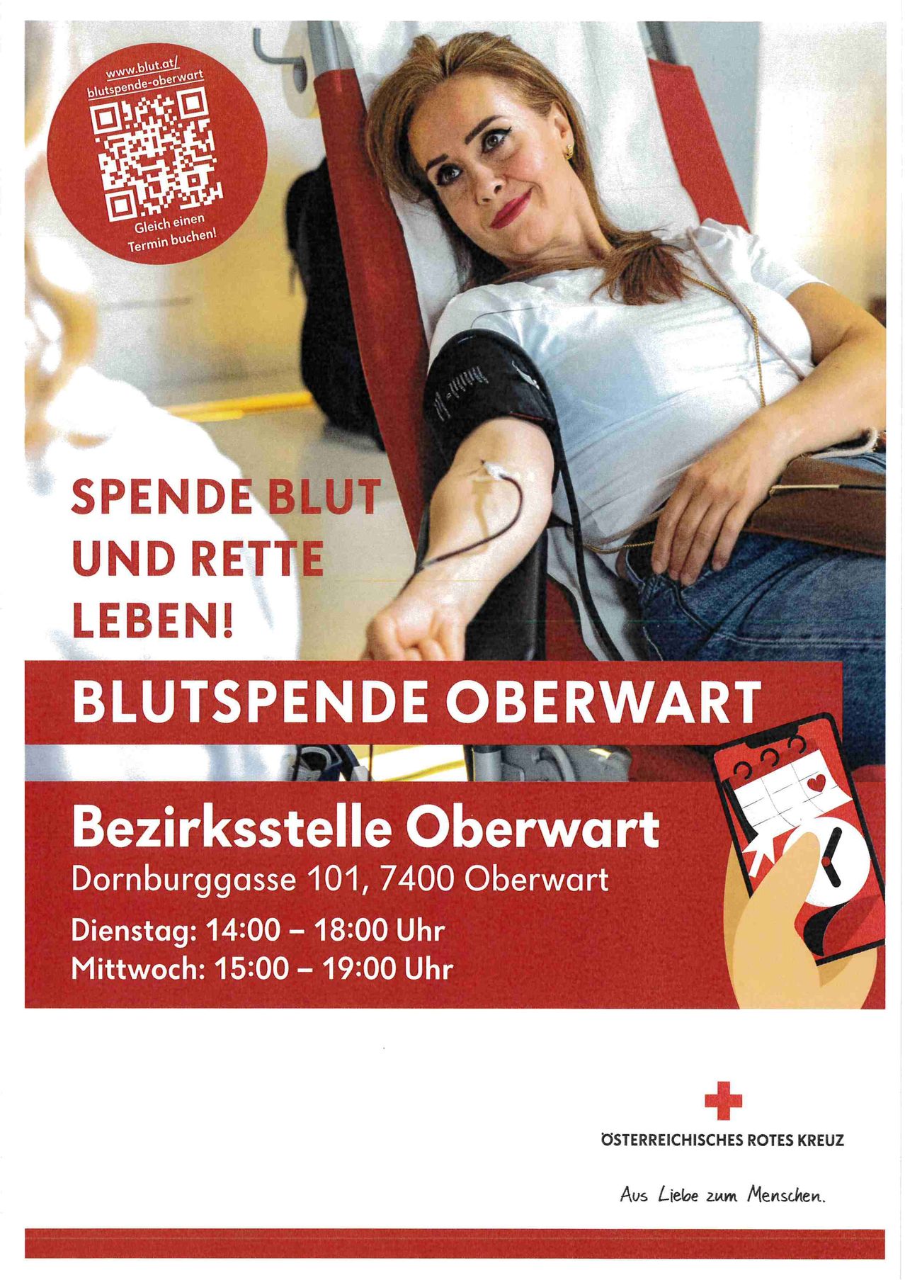 Eine Werbung für Blutspende. Eine Frau sitzt auf einem Stuhl, ihr Blutdruck wird gemessen. Der Ort ist Oberwart, Dornburggasse 101. Spendenzeiten sind Dienstag 14-18 Uhr und Mittwoch 15-19 Uhr.