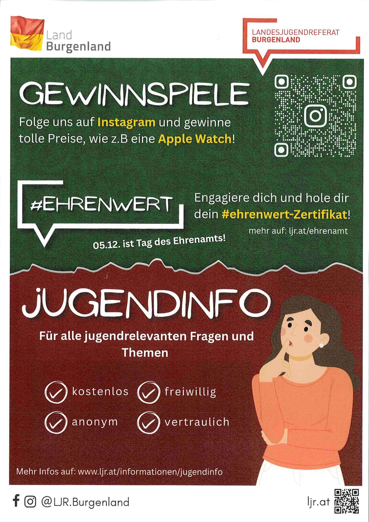 Ein Werbeposter für Jugenddienste mit einer Frau. Es lädt zum Folgen auf Instagram für Gewinnspiele ein und erwähnt den 'Tag des Ehrenamts' am 12. Mai. Es bietet kostenlose, anonyme und vertrauliche Hilfe an.
