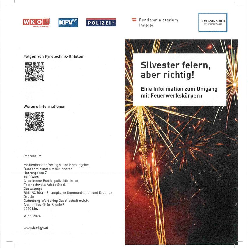 Dokument mit Richtlinien für den Umgang mit Feuerwerkskörpern an Silvester. Es zeigt ein lebhaftes Feuerwerksbild mit Sicherheitstipps. Enthält Logos des Bundesministeriums des Innern, WKO, KFV und Polizei. QR-Codes für weitere Informationen. Veröffentlicht von der Bundespolizei im Jahr 2024.