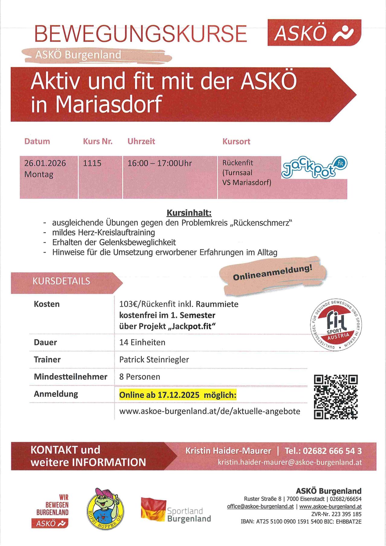 Ein Werbeplakat für einen Sportkurs in Mariasdorf. Der Kurstermin ist der 26.01.2026 von 16:00 bis 17:00 Uhr im Turnsaal VS Mariasdorf. Der Kursinhalt umfasst Übungen gegen den Problemkreis „Rückenschmerz“, mildes Herz-Kreislauftraining und Gelenksbeweglichkeit. Die Online-Anmeldung ist ab dem 17.12.2025 möglich.