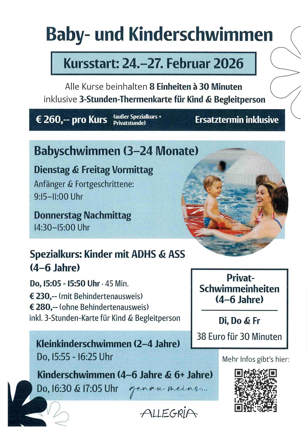 Der Flyer bewirbt Schwimmkurse für Babys und Kleinkinder, beginnend am 24. Februar 2020. Die Kurse beinhalten eine 3-Stunden-Karte für Kind und Begleitperson. Babyschwimmen ist für Kinder im Alter von 3-24 Monaten verfügbar, mit Kursen dienstags und freitags vormittags. Spezielle Kurse für Kinder mit ADS und ASS werden ebenfalls angeboten.