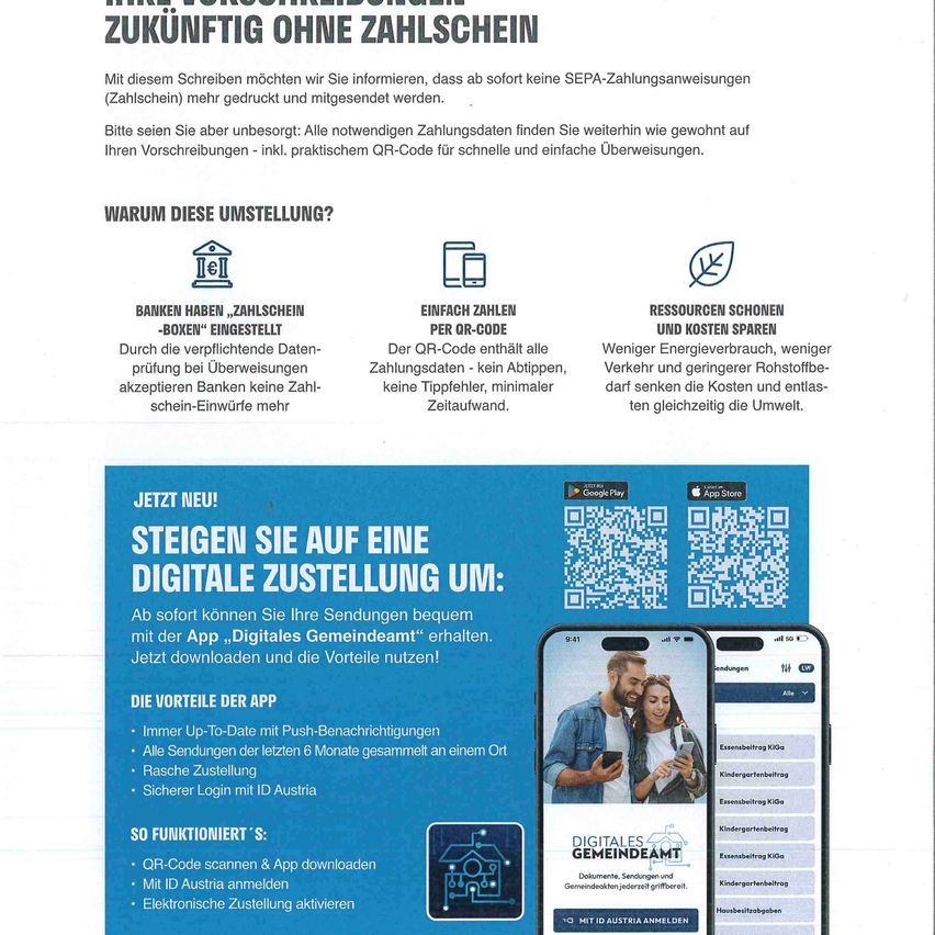 Das Bild informiert über die Einstellung von Zahlungsscheinen und den Übergang zu digitalen Zahlungen über die App. Es betont Vorteile wie Ressourcen-, Energie- und Kosteneinsparungen und ermutigt zum Herunterladen der App für den digitalen Zugriff auf Zahlungen.