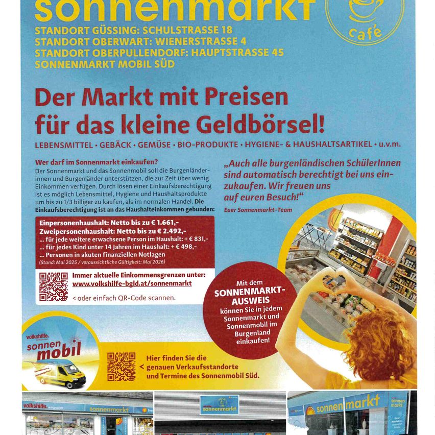 Ein Flyer für den Sonnenmarkt, einen Markt mit Preisen für kleine Budgets, zeigt eine Frau mit Einkaufstüten. Der Flyer enthält Standorte, Produktkategorien und Einkaufsberechtigung basierend auf dem Haushaltseinkommen. Es wird auch erwähnt, dass alle Schüler in Burgenland zum Einkaufen berechtigt sind.