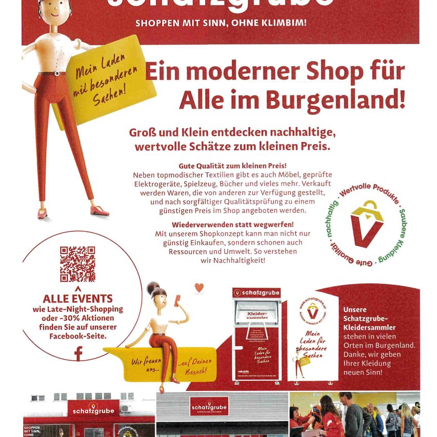 Ein Plakat bewirbt einen Shop, der nachhaltiges Einkaufen mit qualitativ hochwertigen Produkten zu niedrigen Preisen in Burgenland fördert. Es zeigt verschiedene Artikel wie Möbel, Elektronik, Spielzeug, Bücher und mehr, die aus sorgfältigen Qualitätskontrollen stammen. Veranstaltungen wie Late-Night-Shopping und Rabatte werden auf ihrer Facebook-Seite beworben.