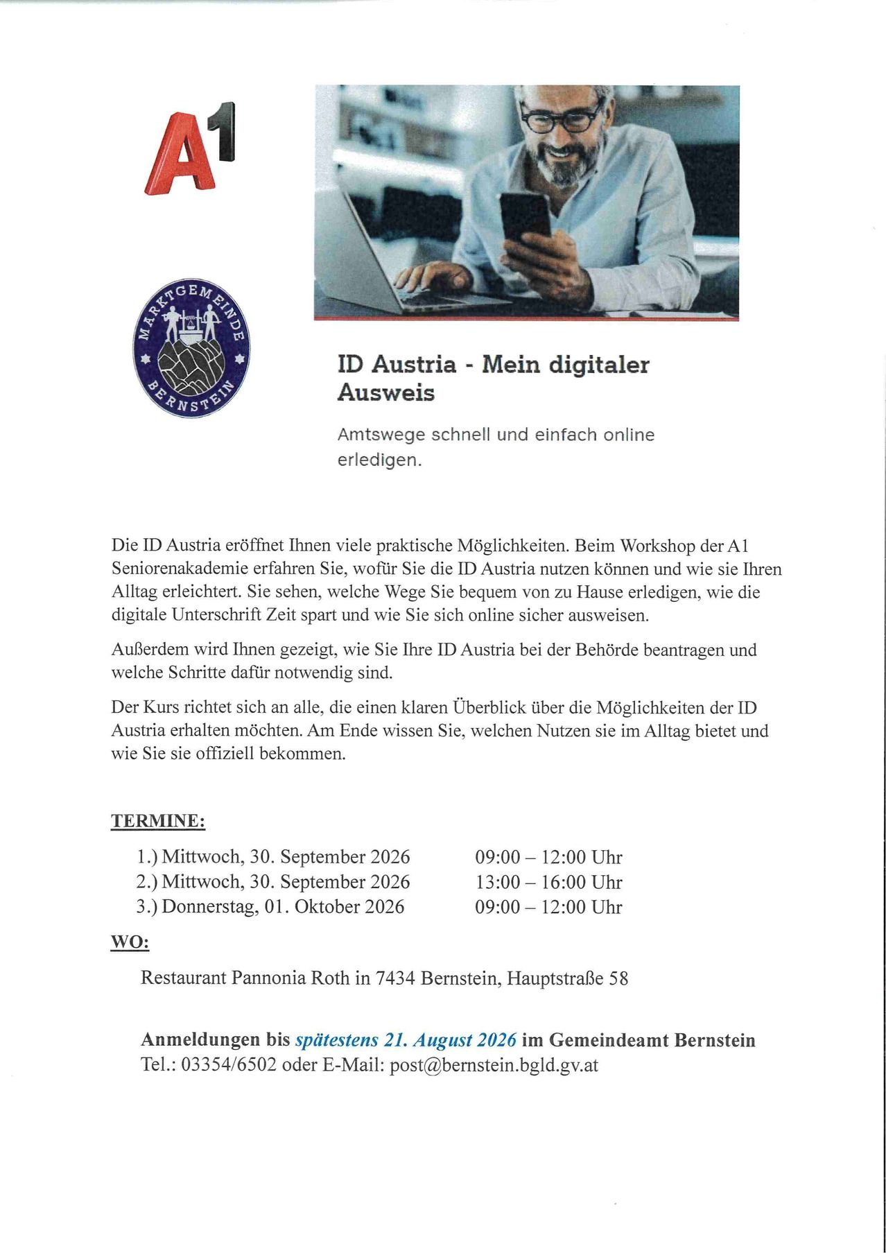 Plakat für ID Austria - Mein digitaler Ausweis Workshop bei der Seniorenakademie Bernstein. Lernen Sie die praktischen Möglichkeiten von ID Austria kennen, wie Sie ihn zu Hause erhalten und sich online sichern. Anmeldung bis 21. August 2026.