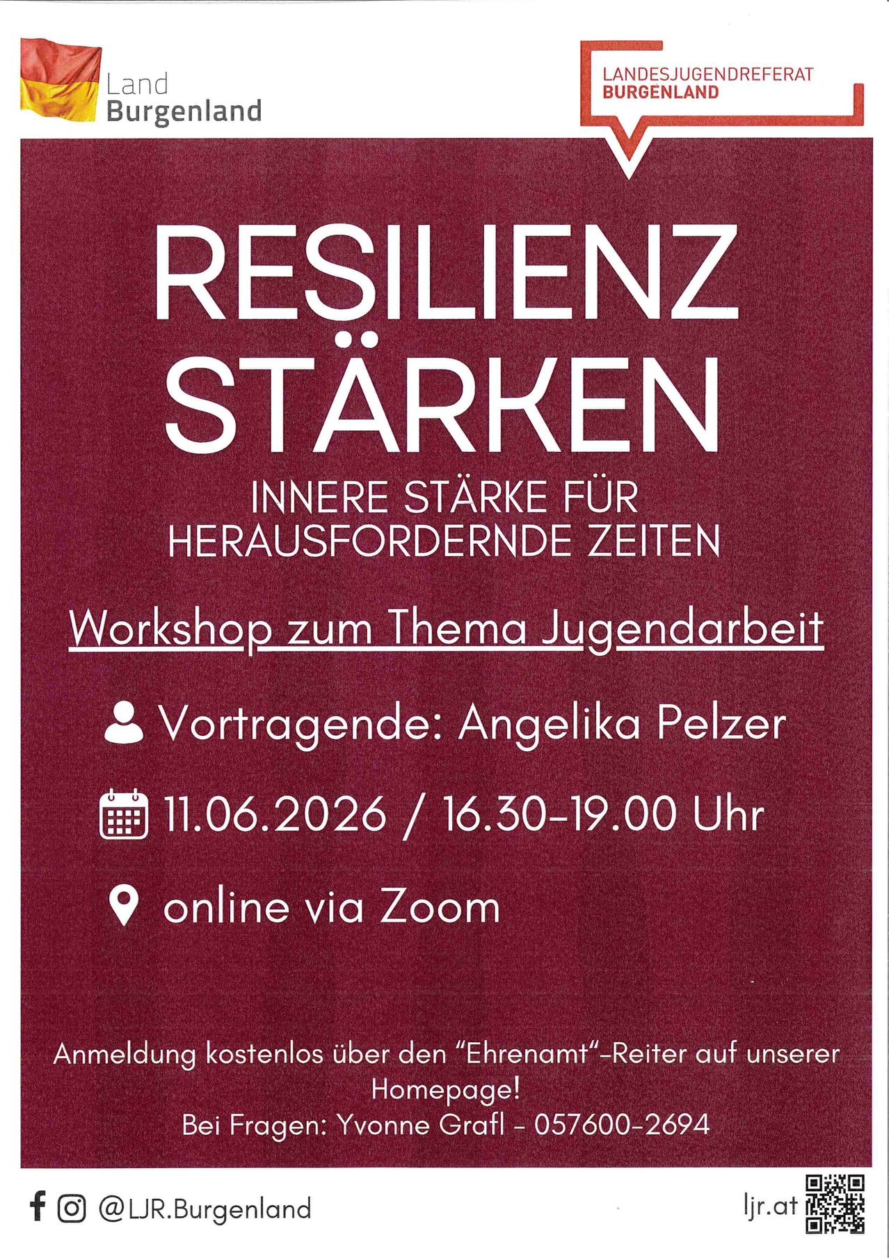 Workshop zum Thema Jugendarbeit mit dem Titel 'Resilienz stärken.' Referentin Angelika Pelzer. Datum: 11.06.2026, 16:30-19:00 Uhr. Online via Zoom. Kostenlose Anmeldung über den Ehrenamt-Reiter auf unserer Website.