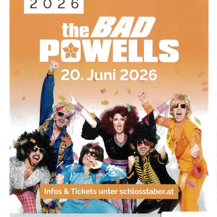 Plakat für The Bad Powells, eine Gruppe von Menschen, die am 20. Juni 2026 feiern und die Arme heben.